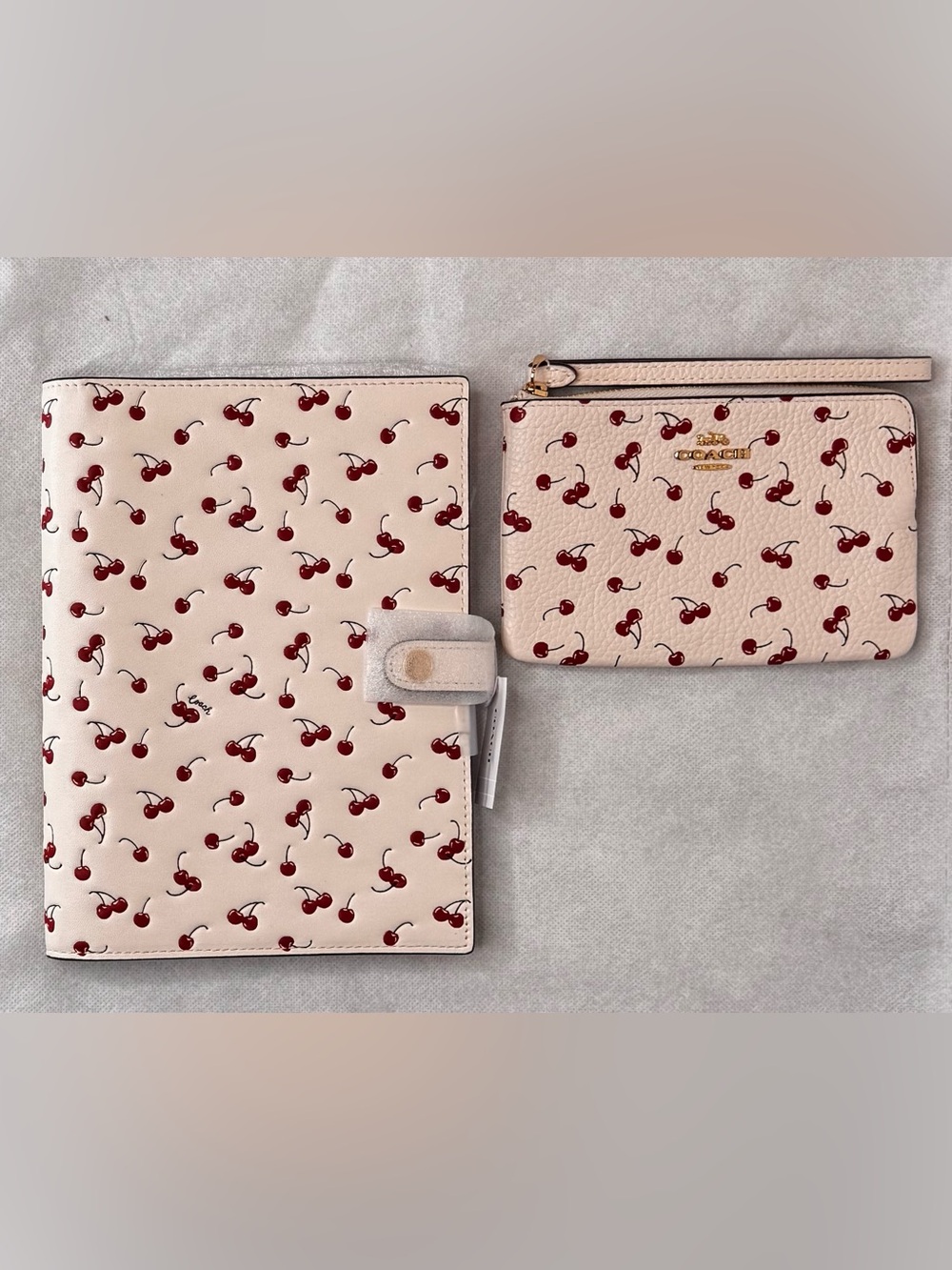 NEW Coach Notebook with Cherry Print Leather Chalk Red CFA44 & Matching Wristlet